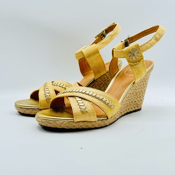 Jack Rogers Shoes Womens 9 Gold Tan Fabric Leather Sandals Slingback Wedge Heels - Picture 2 of 12